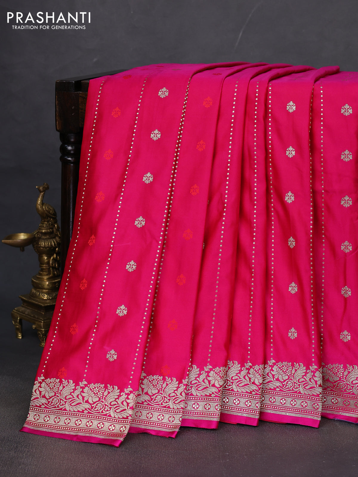 Banarasi semi mushru silk saree pink with thread & zari woven buttas and zari woven border