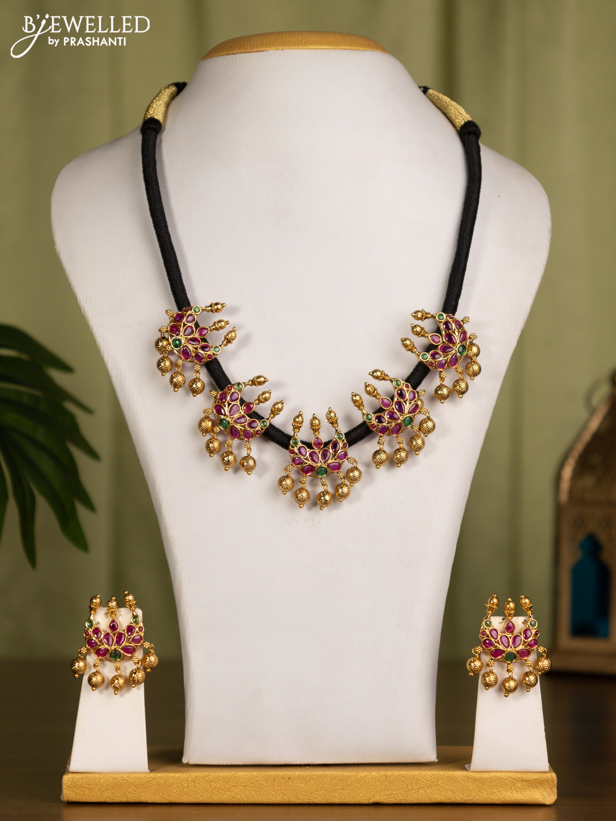 Black thread necklace chandbali design with kemp stones golden beads hanging