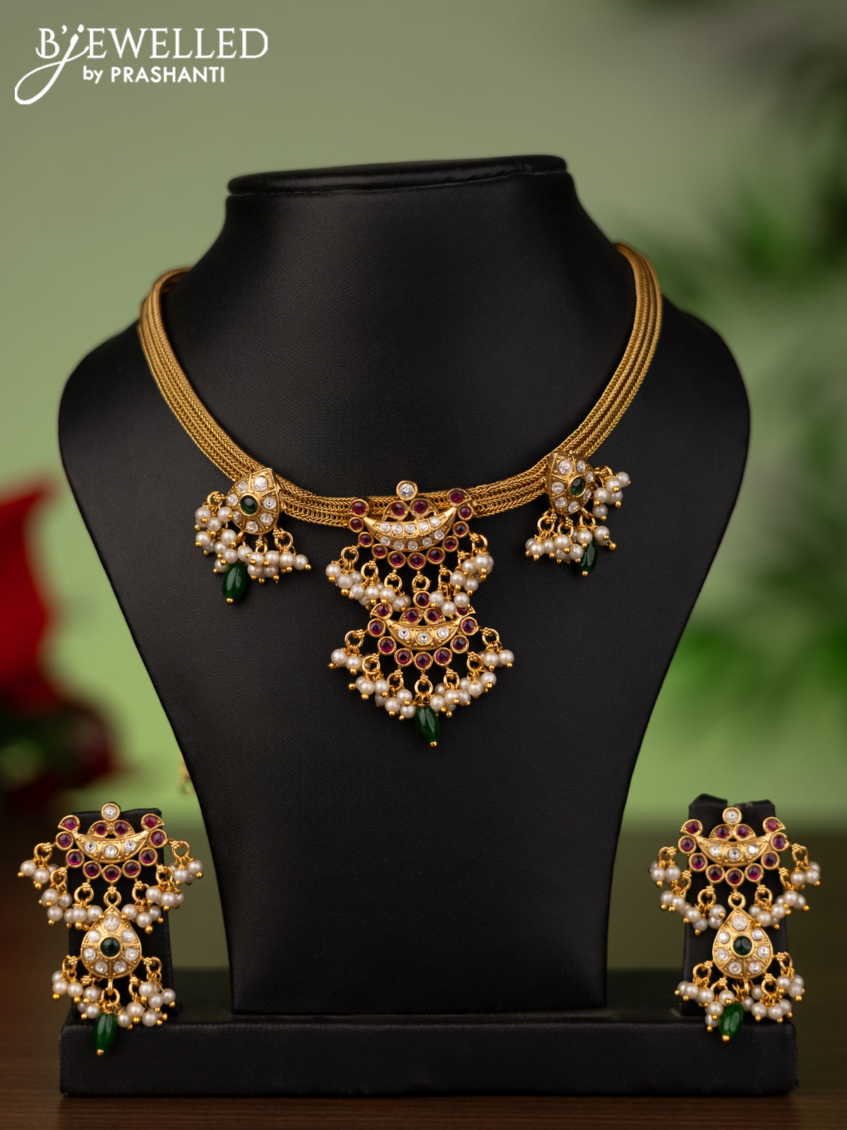 Antique attigai necklace with kemp & kumdan stones and pearl hangings