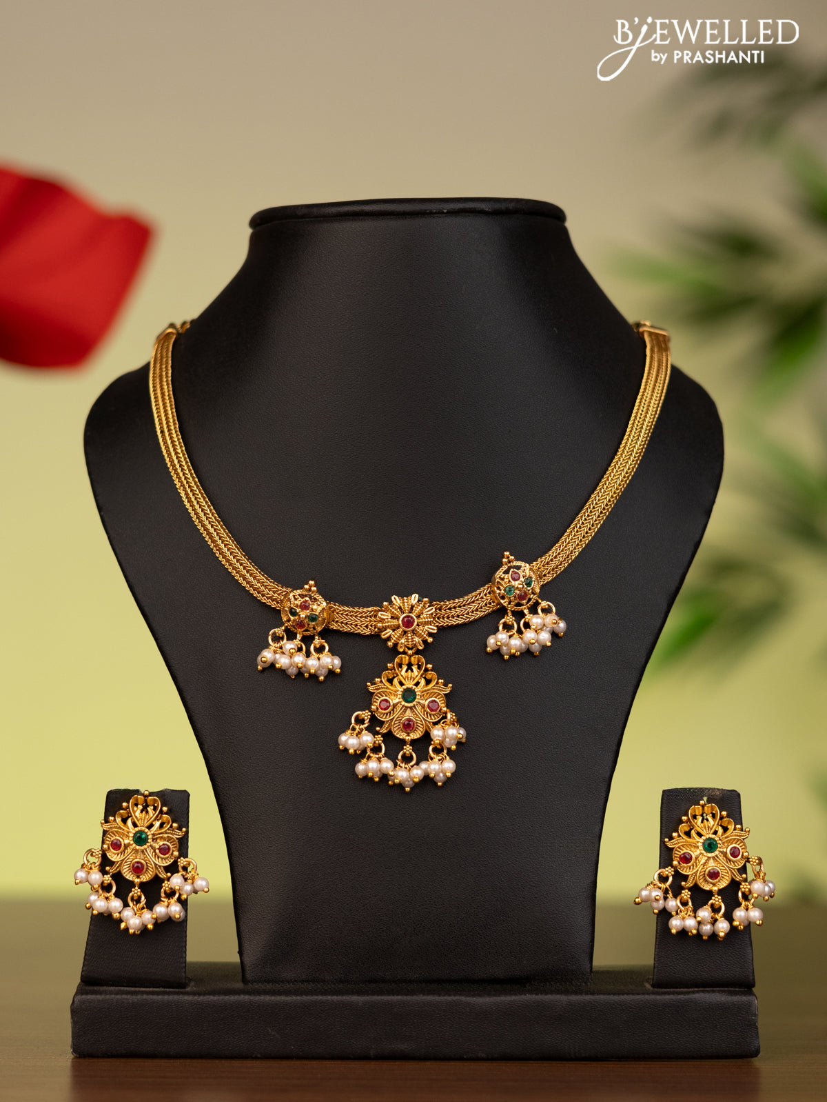 Antique attigai necklace with kemp stones and pearl hangings