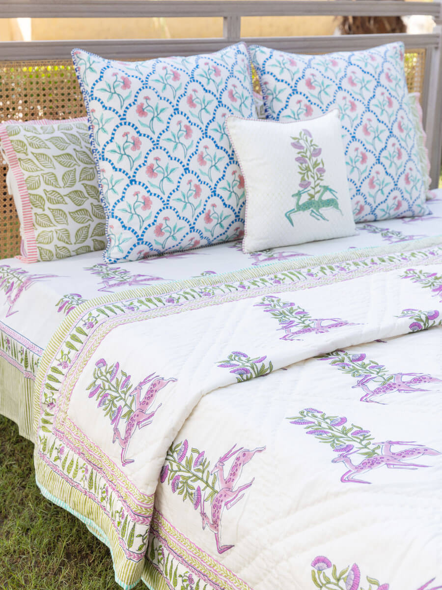 Set of 5 - The Great Indian Stag Hand Block Printed Bed Set