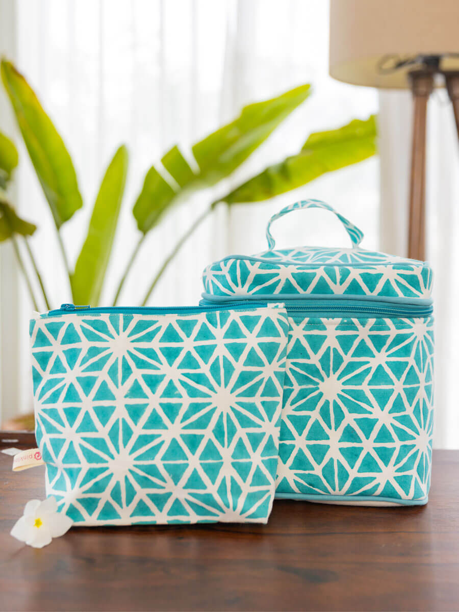 Set of 2 - Blue Star Block Printed Vanity Case and Travel Pouch