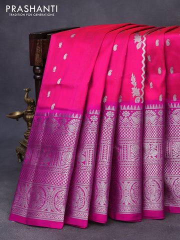 Venkatagiri silk saree dual shade of pinkish orange and pink with allover silver zari weaves & buttas and long rich silver zari woven border