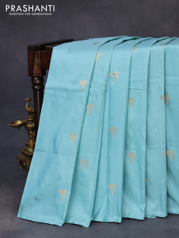 Banarasi katan silk saree pastel blue with zari woven buttas in borderless style