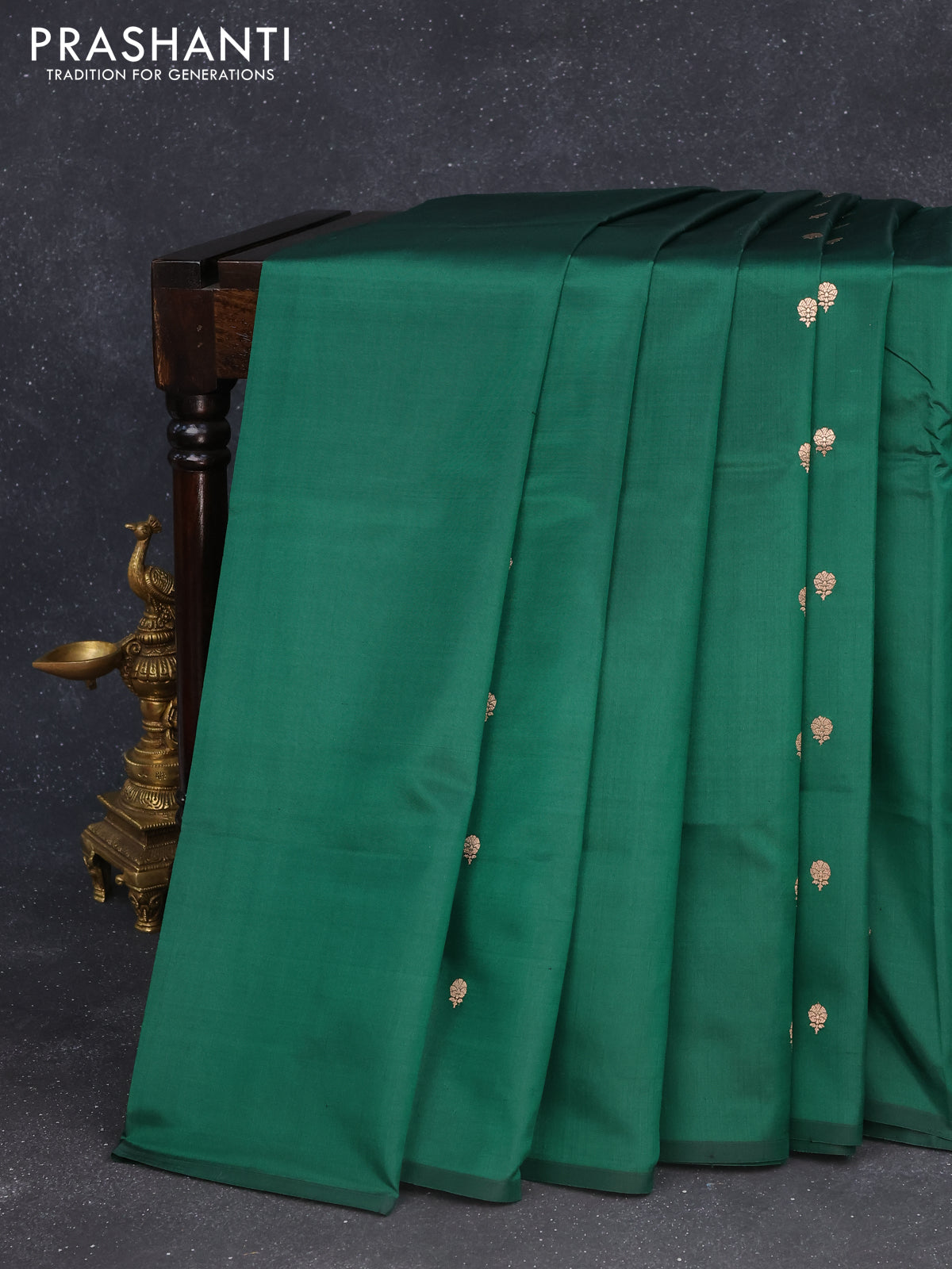 Banarasi katan silk saree green with zari woven buttas in borderless style