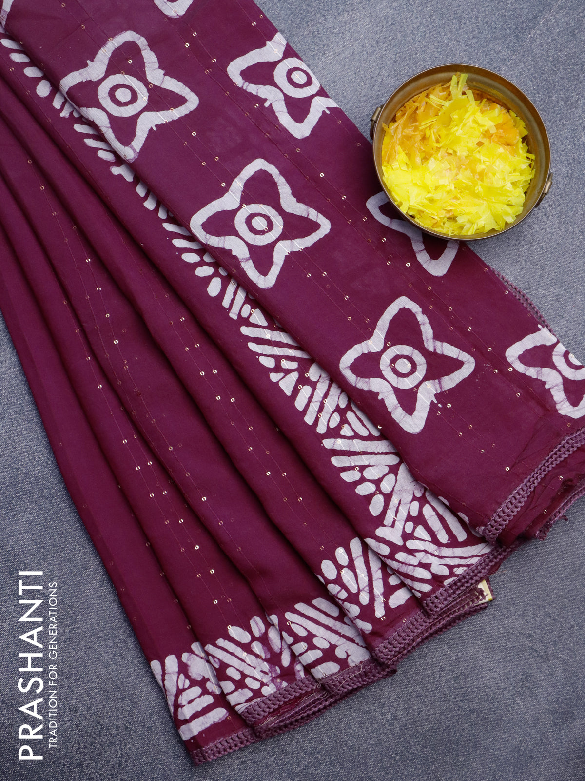 Batik cotton saree wine shade with allover sequin work & batik butta prints and printed lace work border