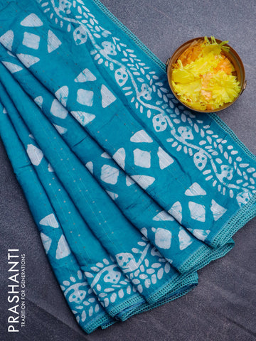 Batik cotton saree teal blue with allover sequin work & batik butta prints and printed lace work border