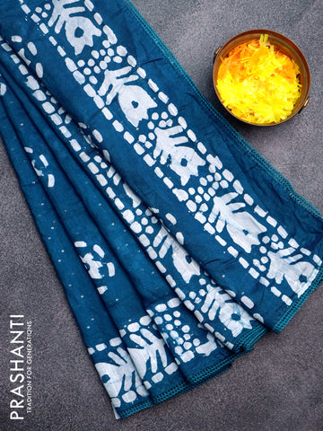 Batik cotton saree blue with allover sequin work & batik butta prints and printed lace work border