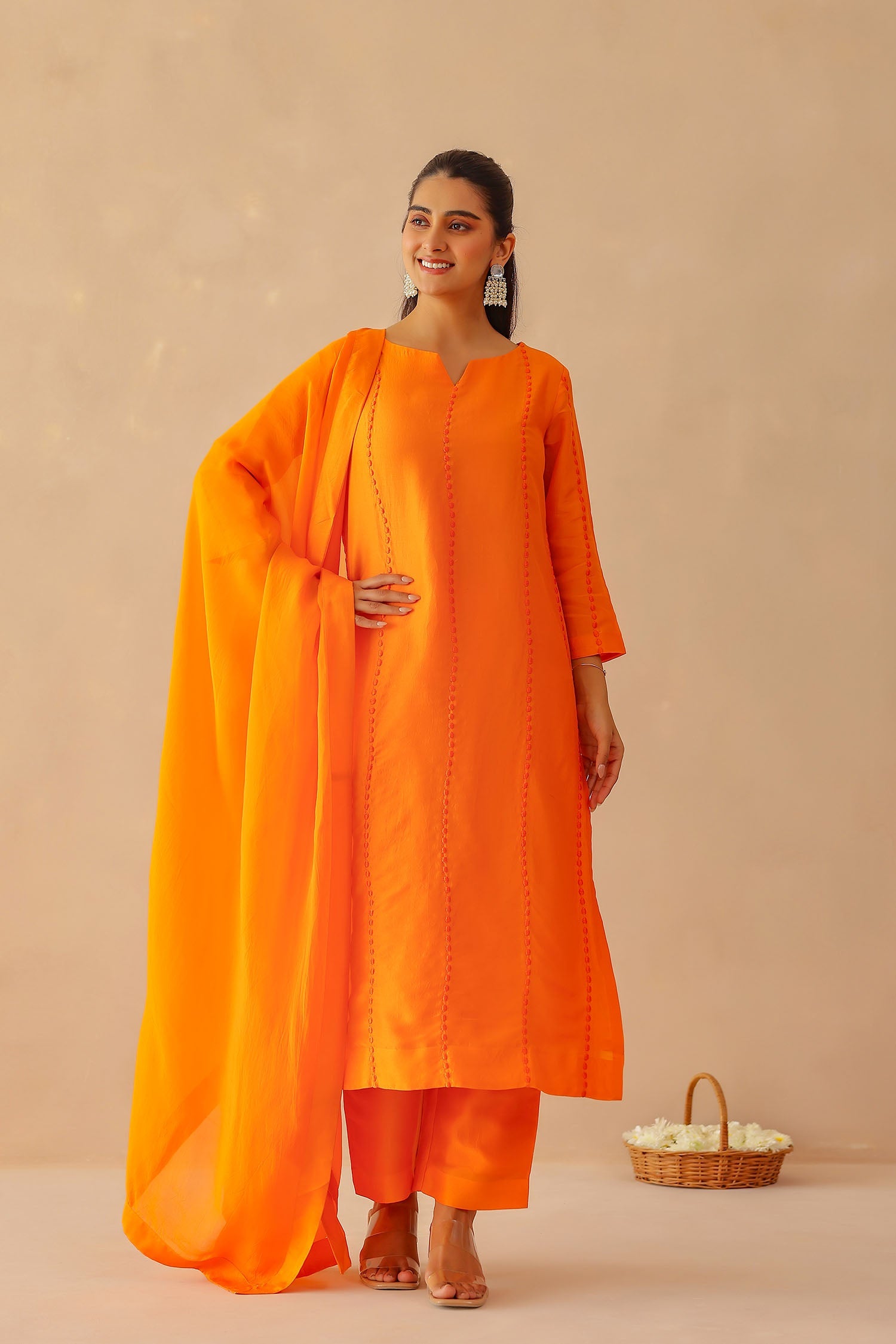 Bright Orange Russian Silk Solid Kurti Set
