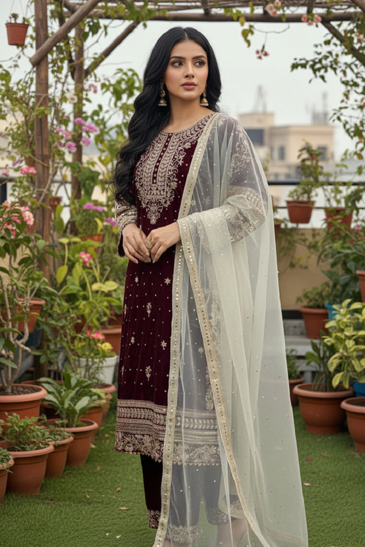 Maroon Velvet Floral Embroidered Kurta Set