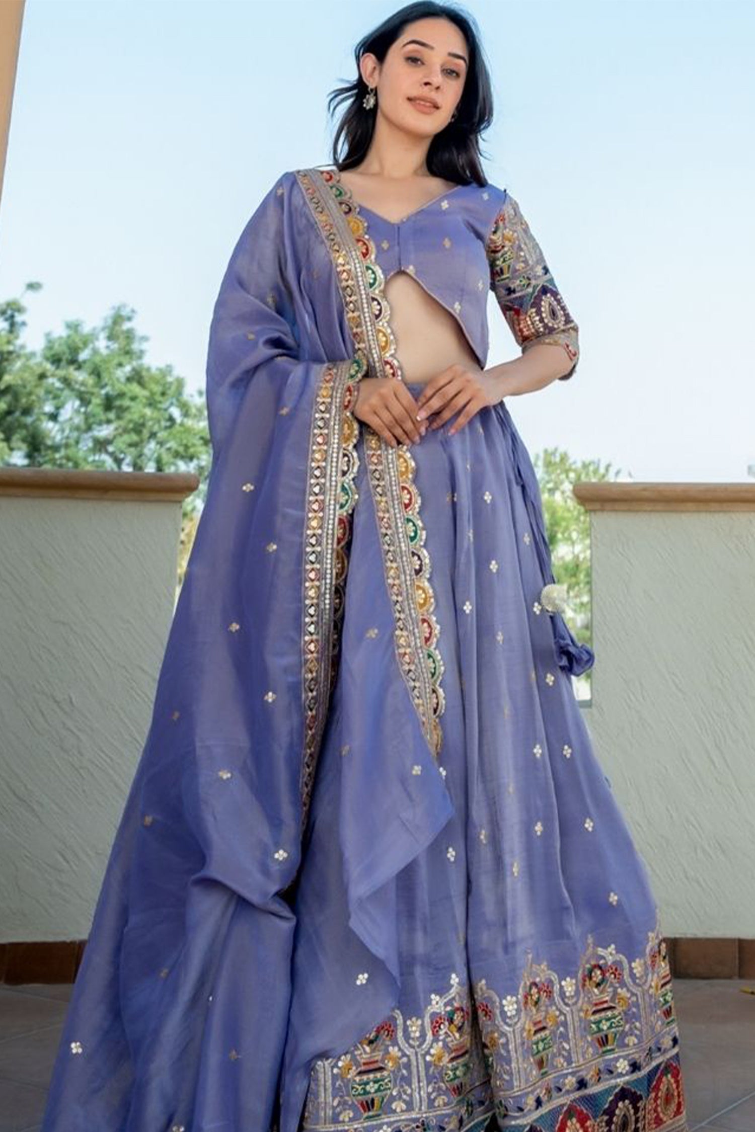Bluish Lilac Tissue Embroidered Lehenga Set