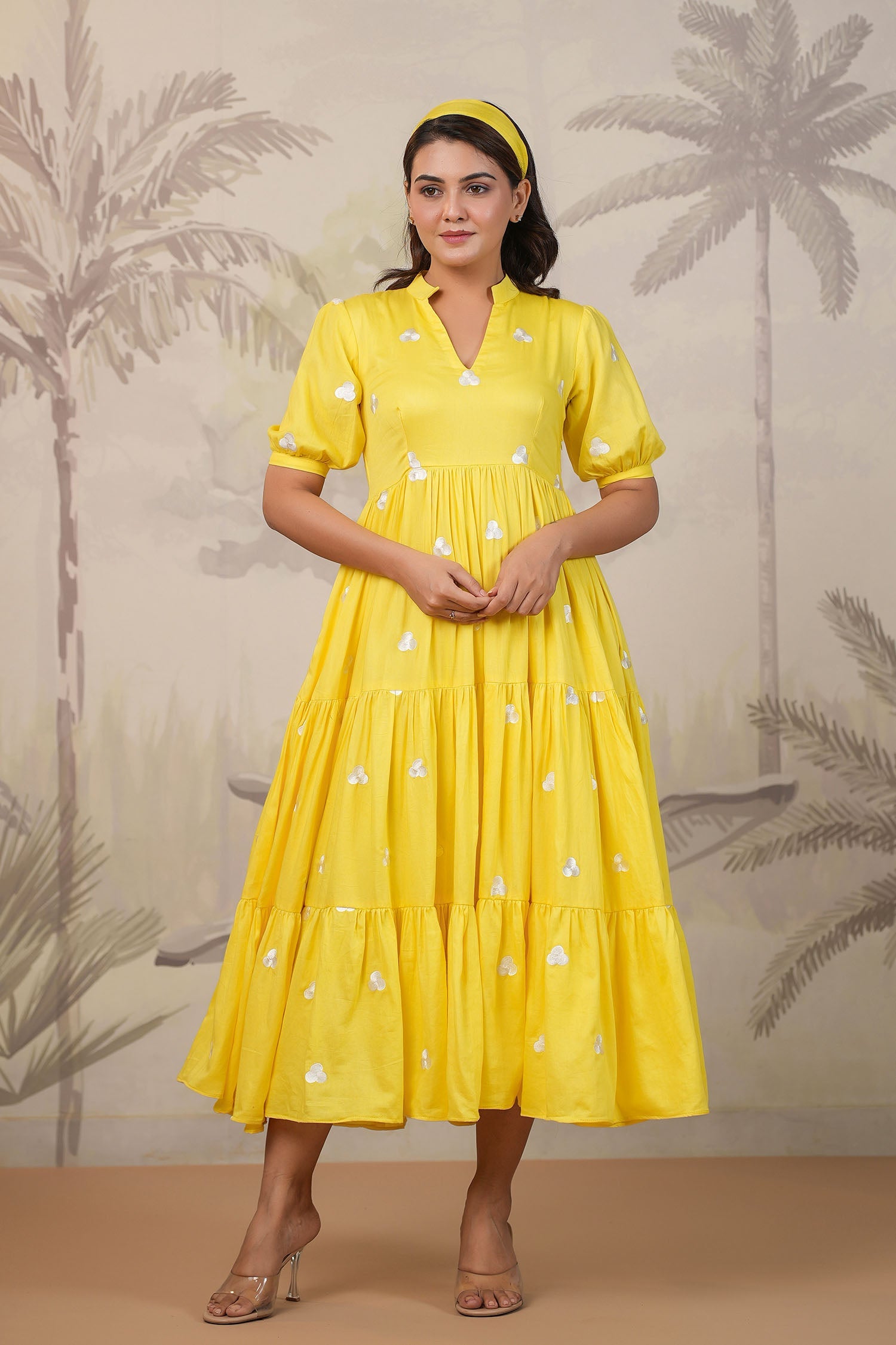 Bright Yellow Santoon Embroidered Dress