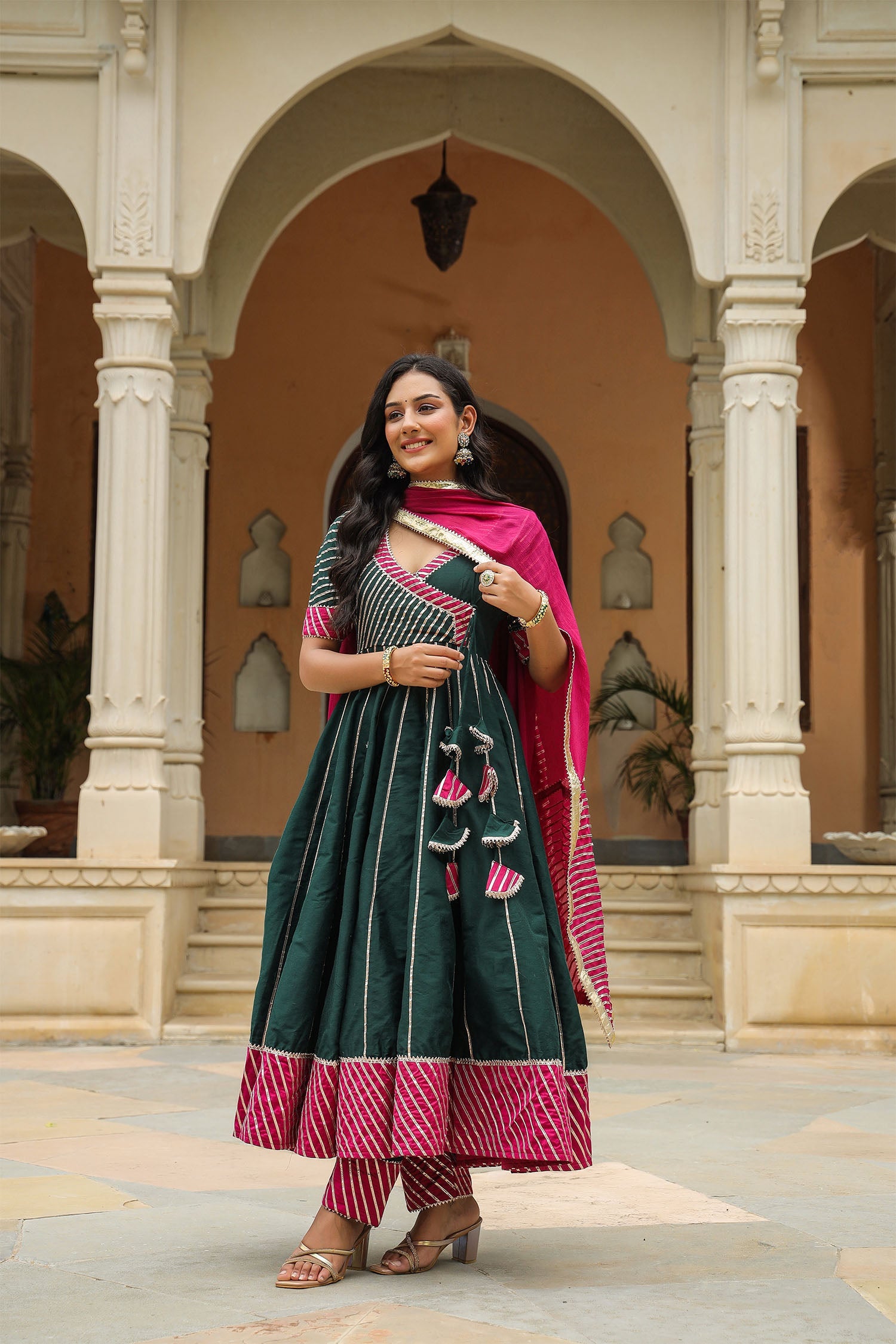 Dark Green Cotton Silk Gotta Work Anarkali Set
