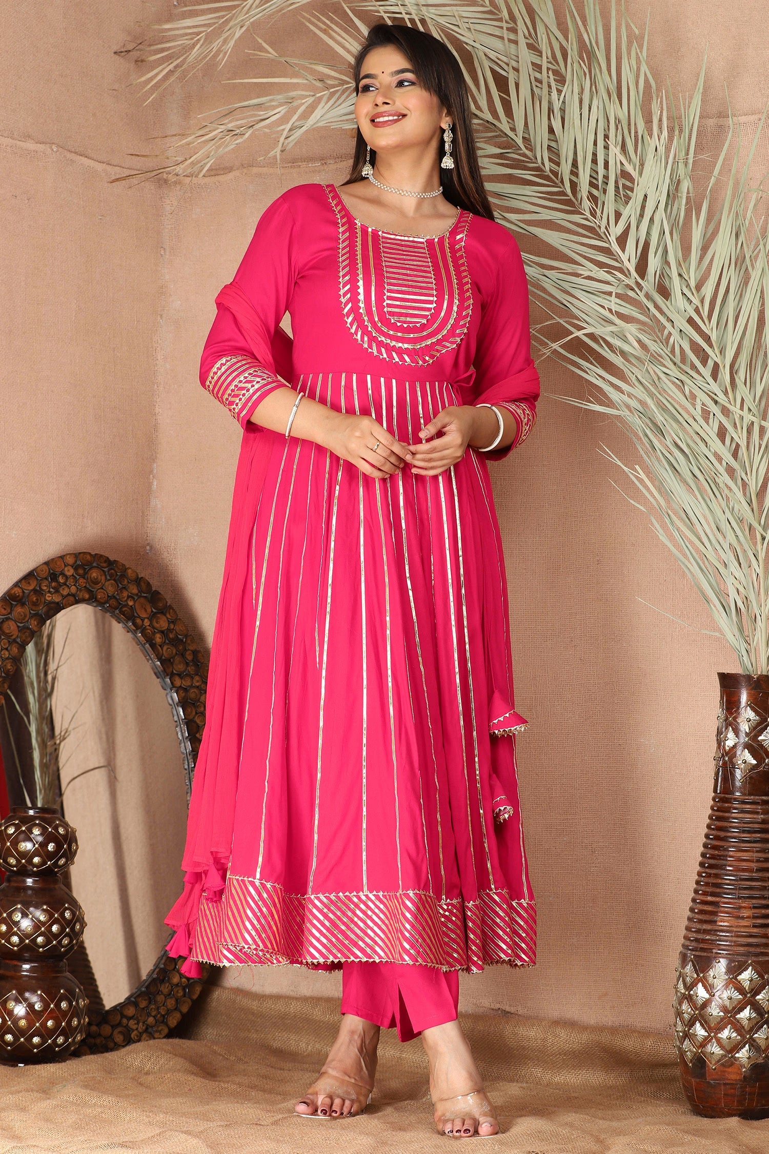 Amaranth Pink Rayon Gota Work Anarkali Set