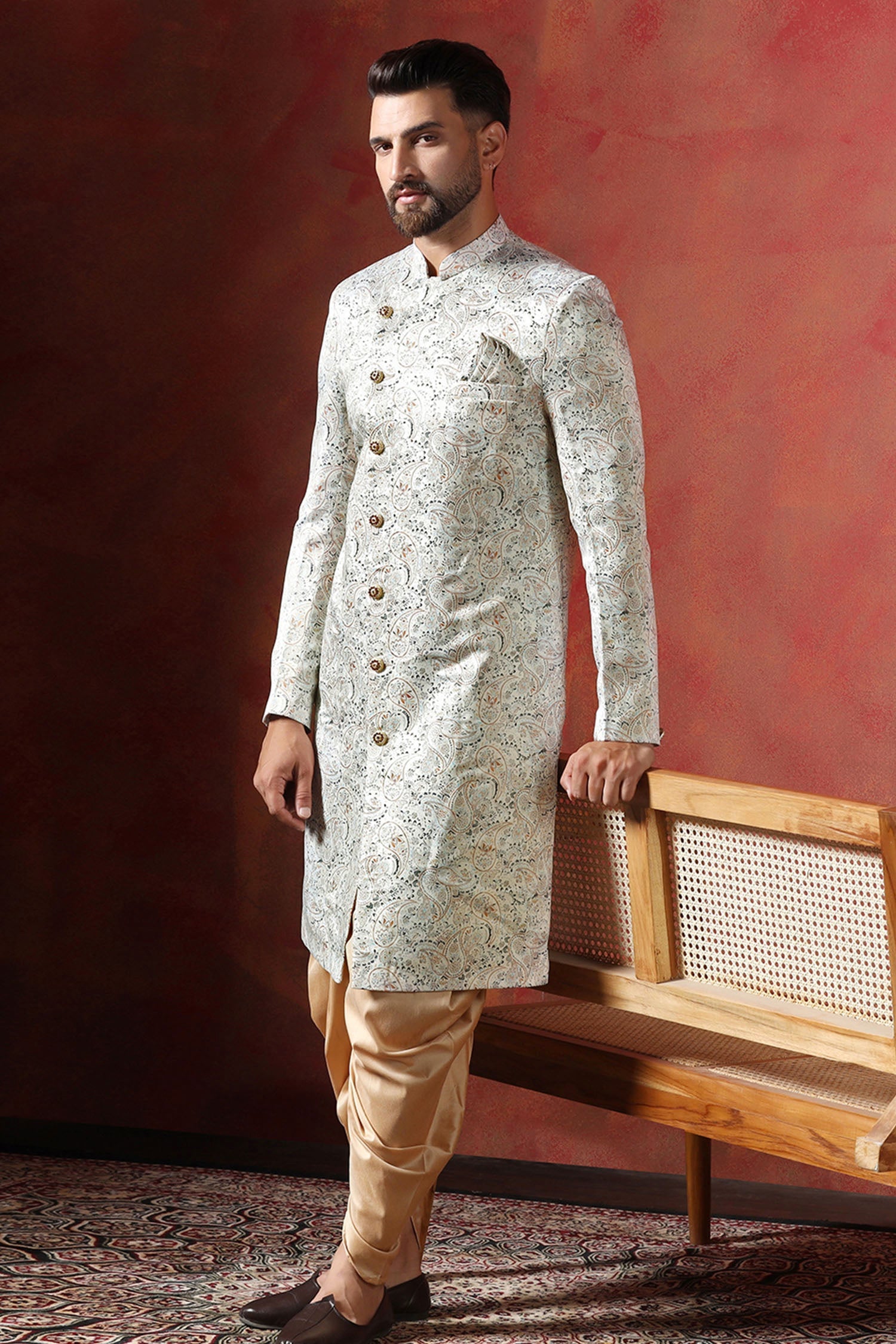 Ceramic White And Cream Cotton Blend Printed Sherwani Set