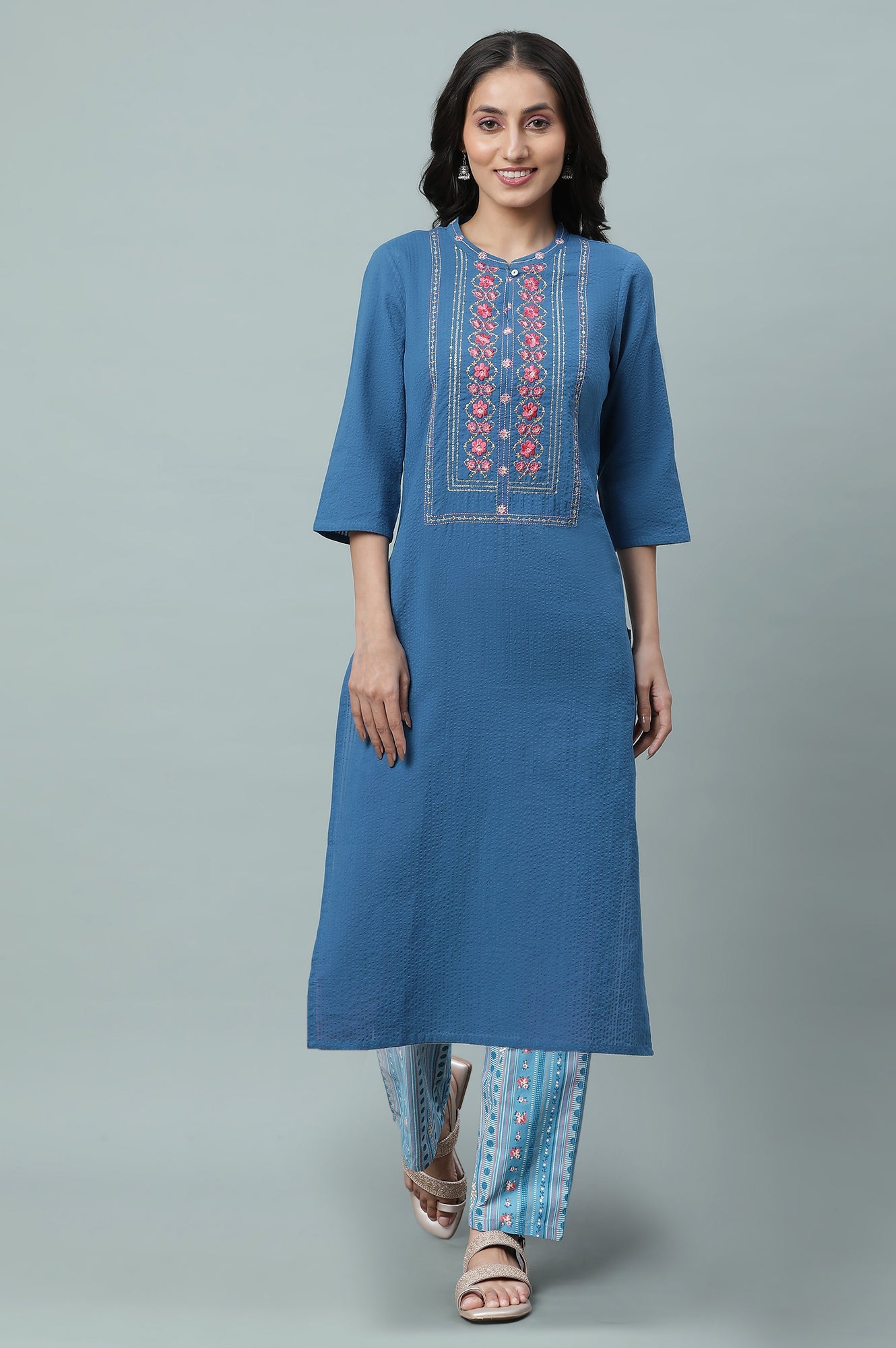Blue Thread Work Cotton Blend Straight Kurta and Palazzo Set