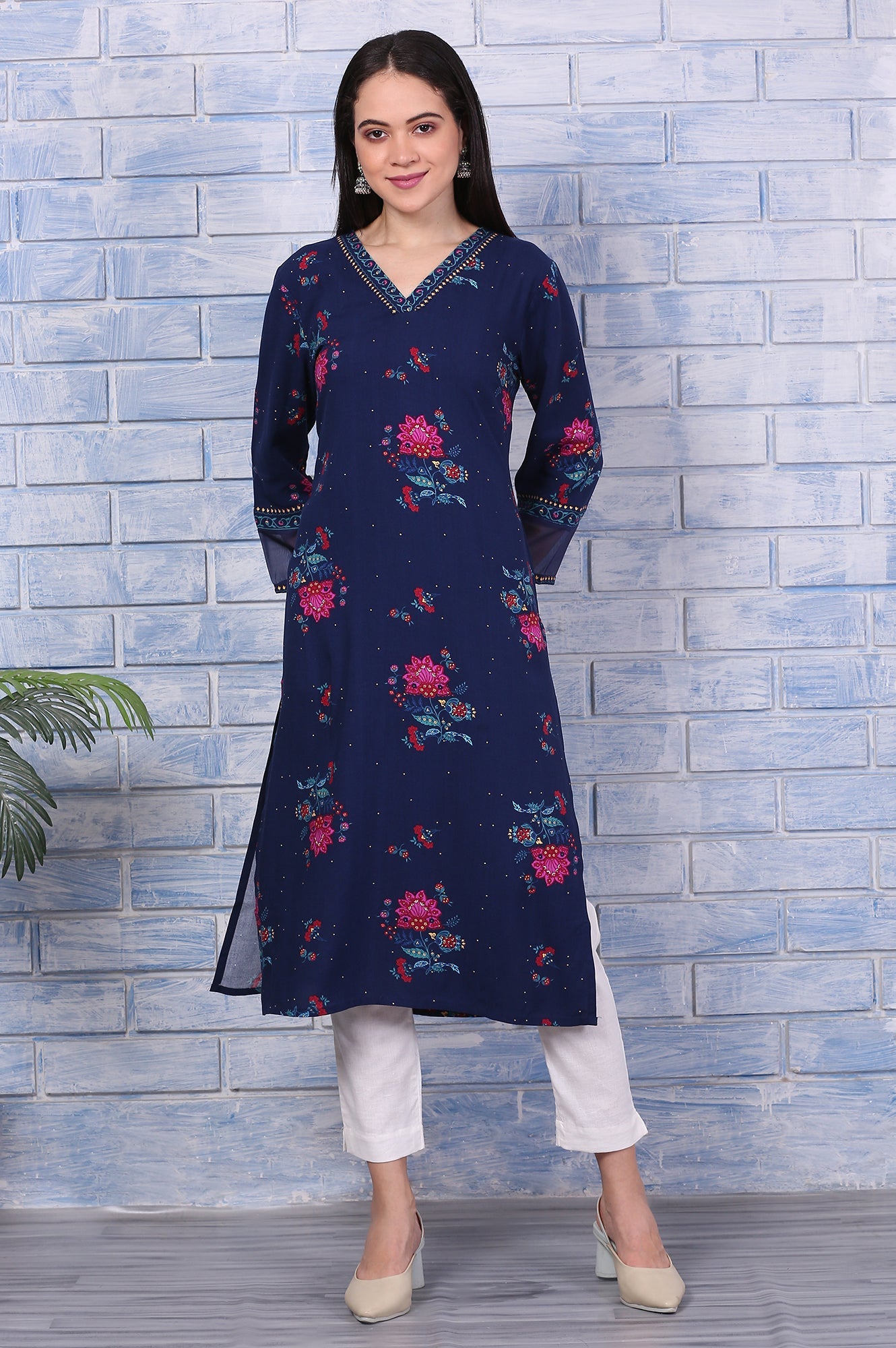 Blue Floral Printed Rayon Straight Kurta