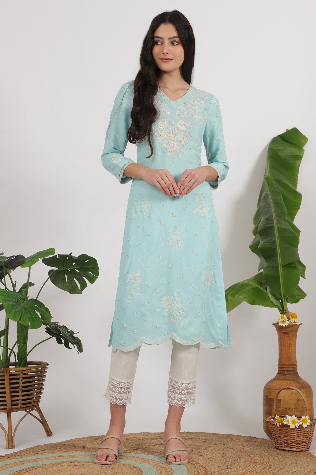 Blue Embroidered Rayon Straight Festive Kurta