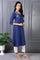 Blue Embroidered Printed Thread Embroidery Rayon Flax A-line Kurta