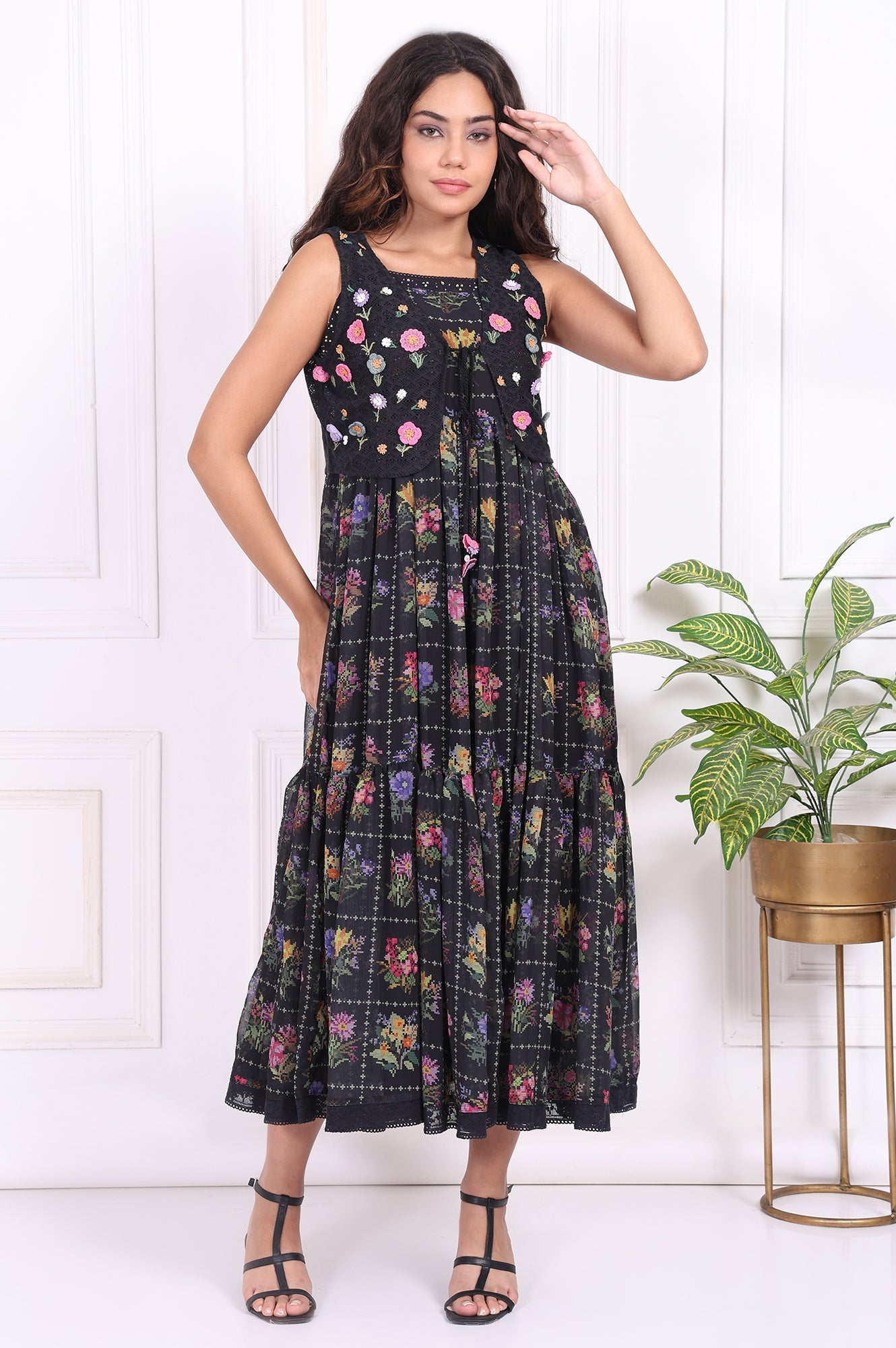 Black Floral Printed Embroidered Fit and Flare Georgette Dress with Waist Coat Set