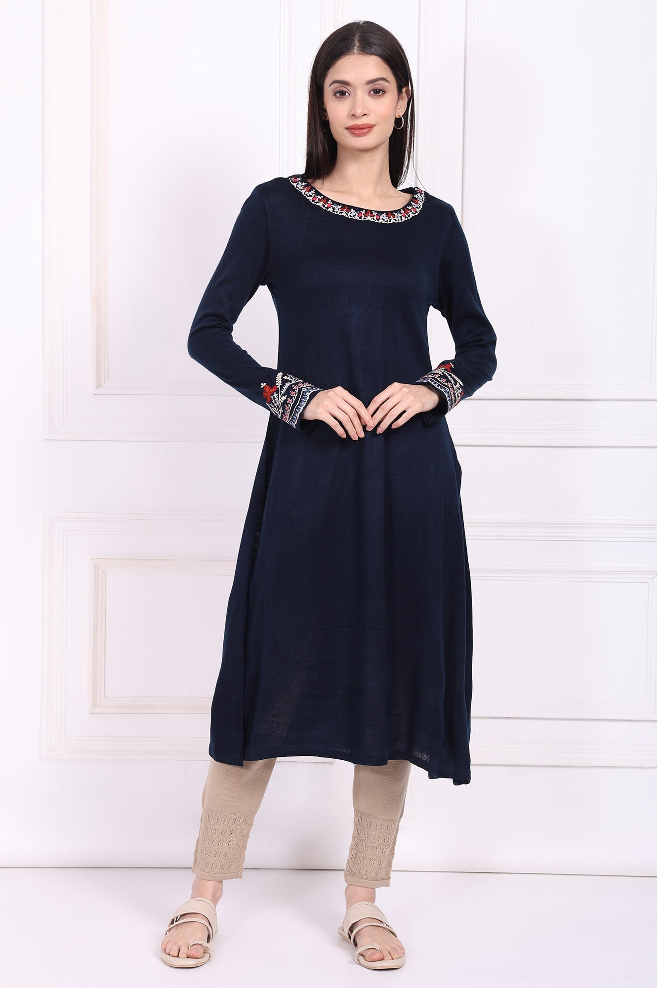 Navy Blue Embroidered A-Line Acrylic Winter Kurta