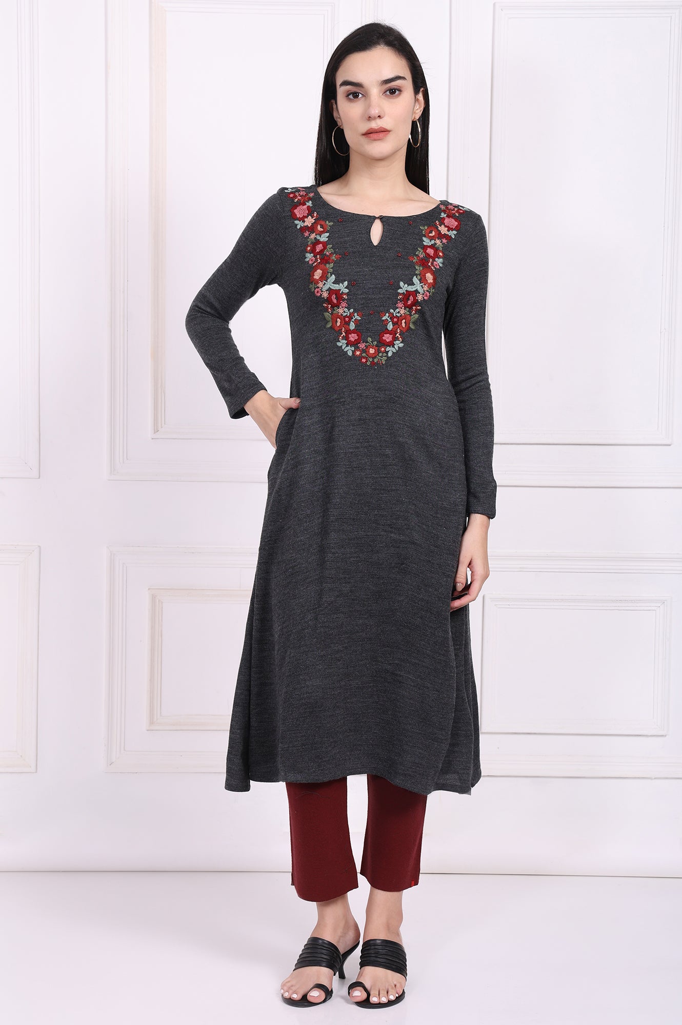 Grey Embroidered A-Line Acrylic Winter Kurta