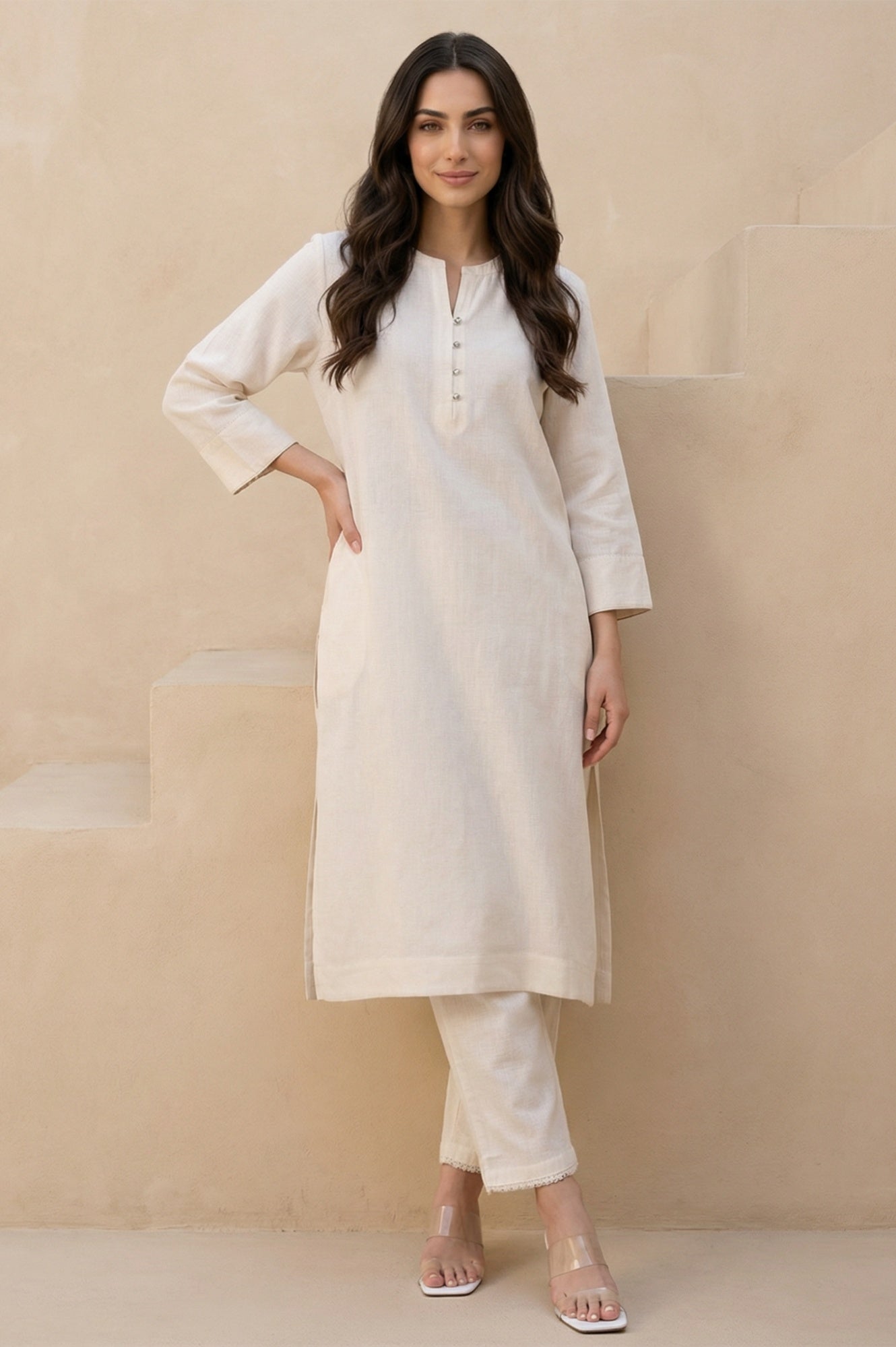 Beige Solid Rayon Straight Kurta