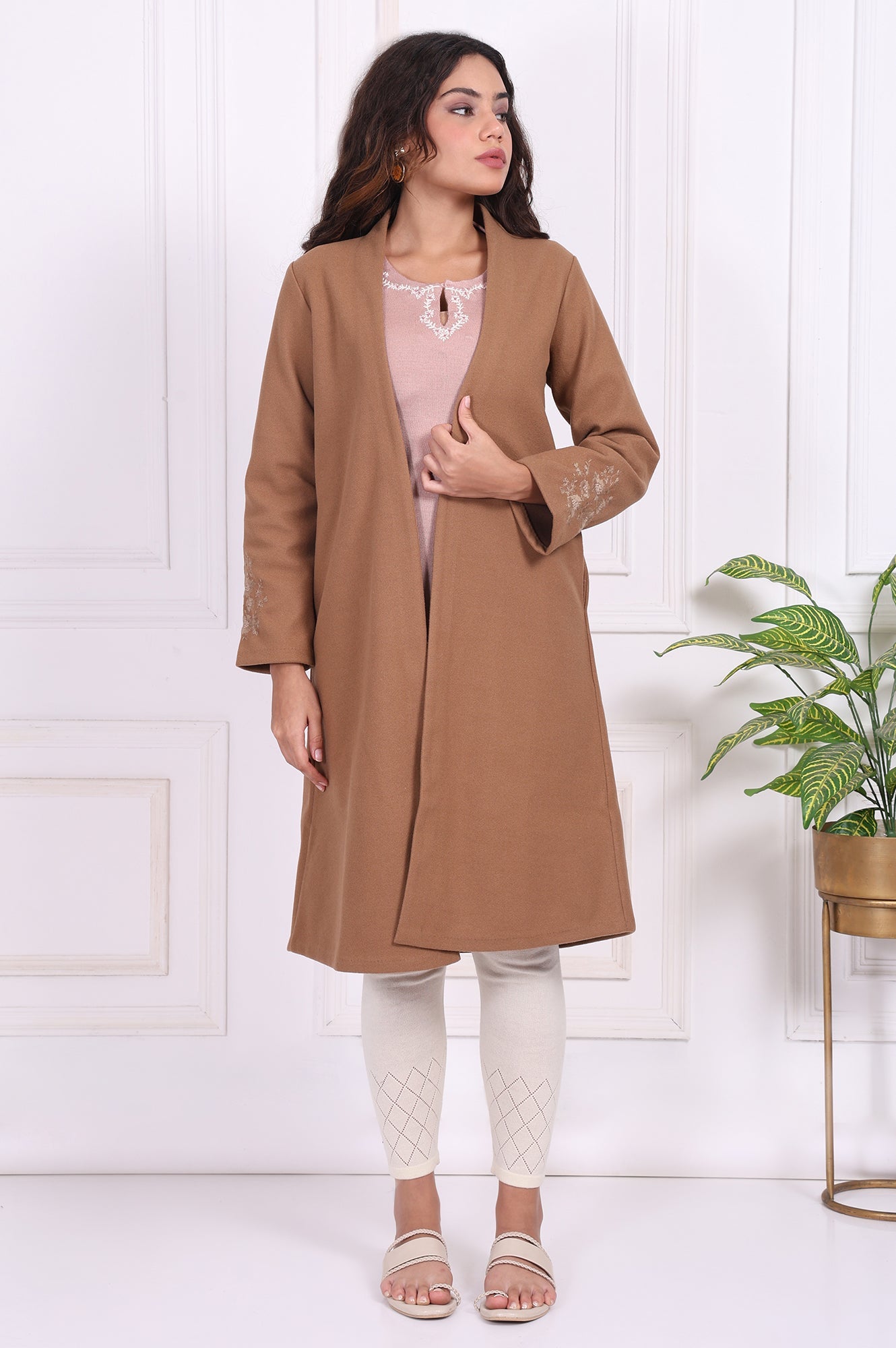 Camel Brown Embroidered Straight Woven Coat