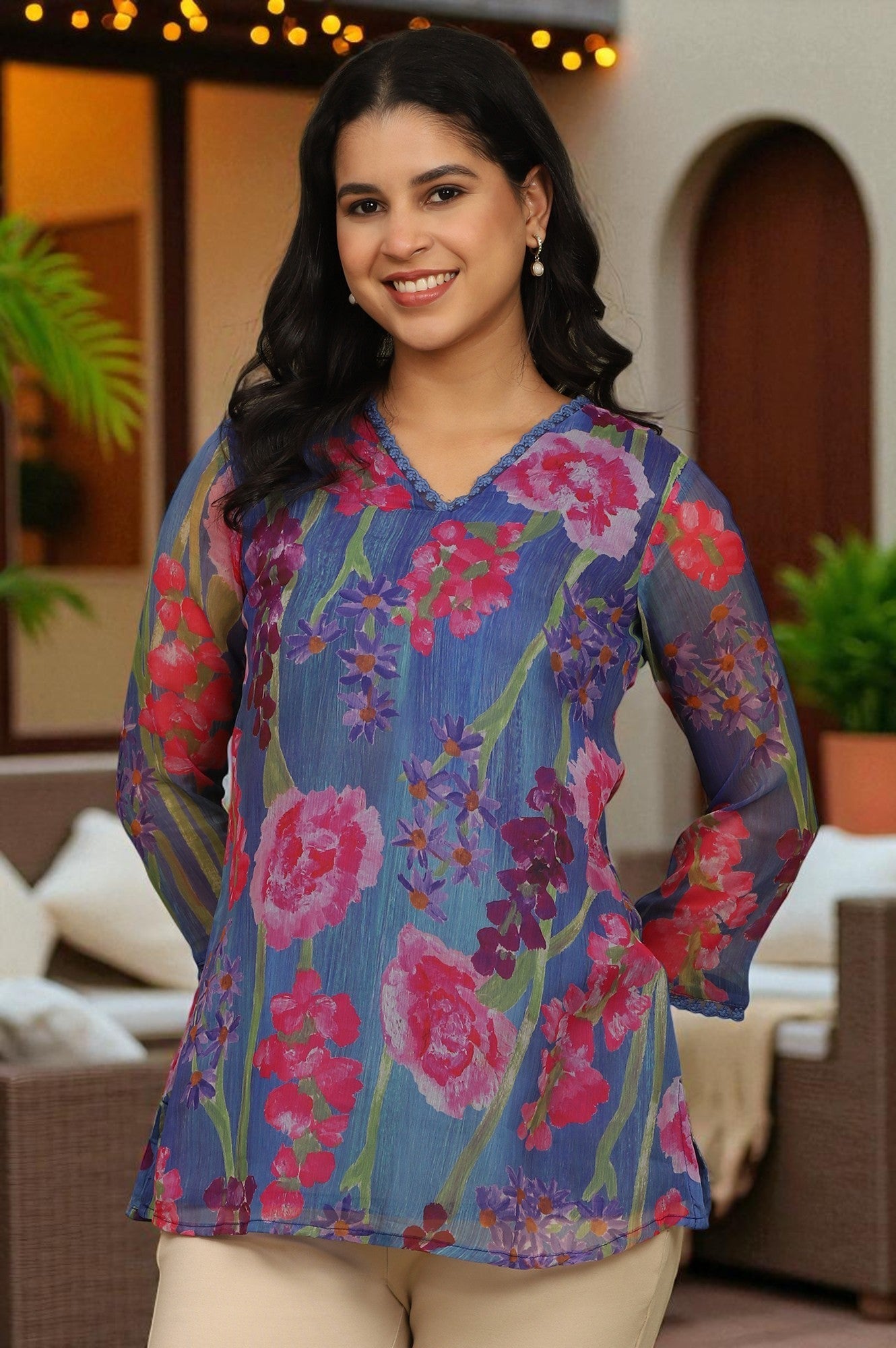 Blue Floral Printed Chiffon Gathered Top