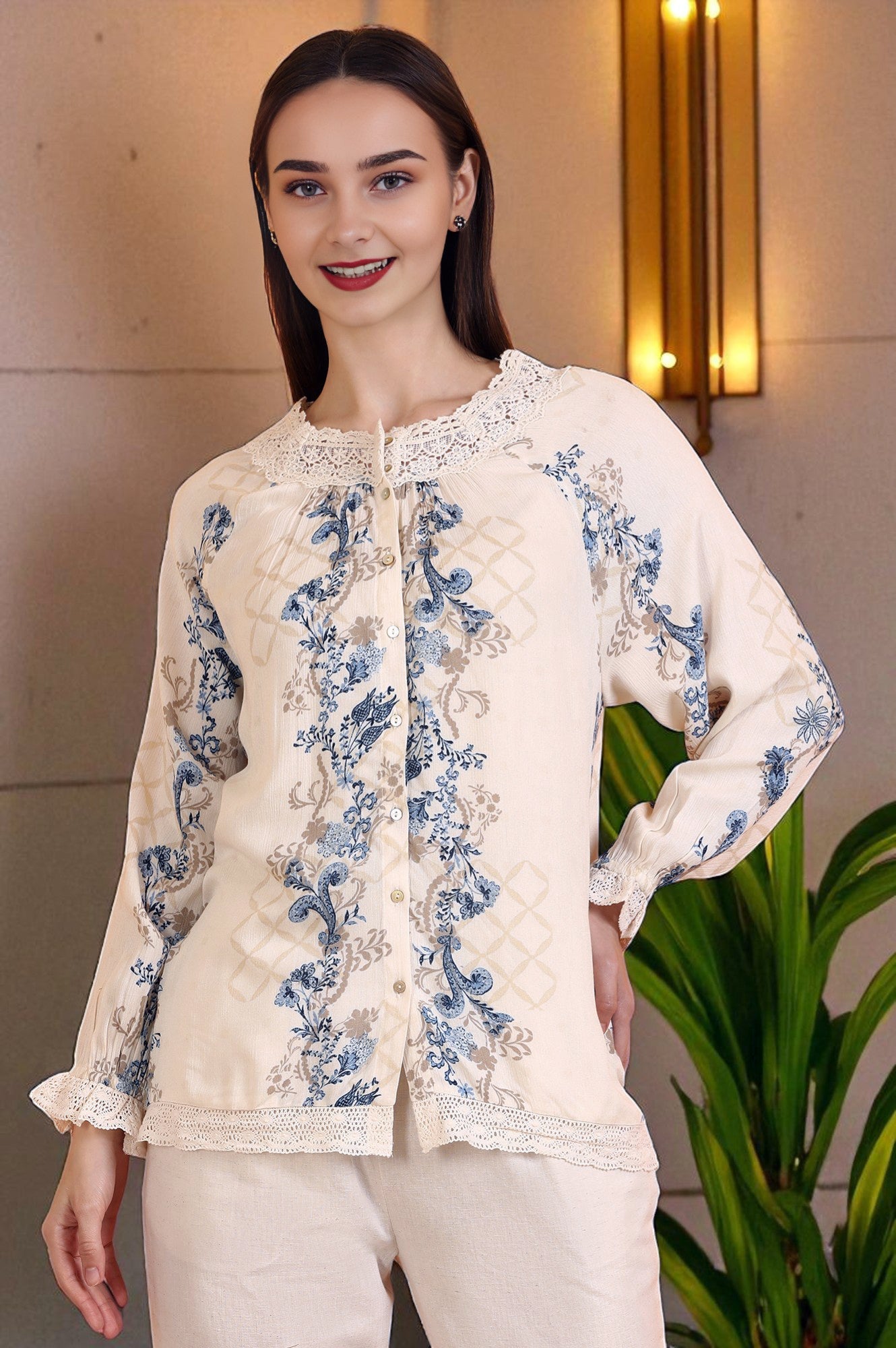 Off-White Floral Printed Rayon Crepe Top with Lace