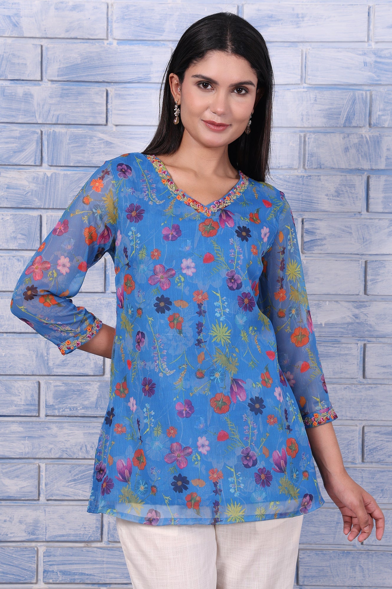 Blue Floral Printed Thread Embroidered Silver Chiffon Tops