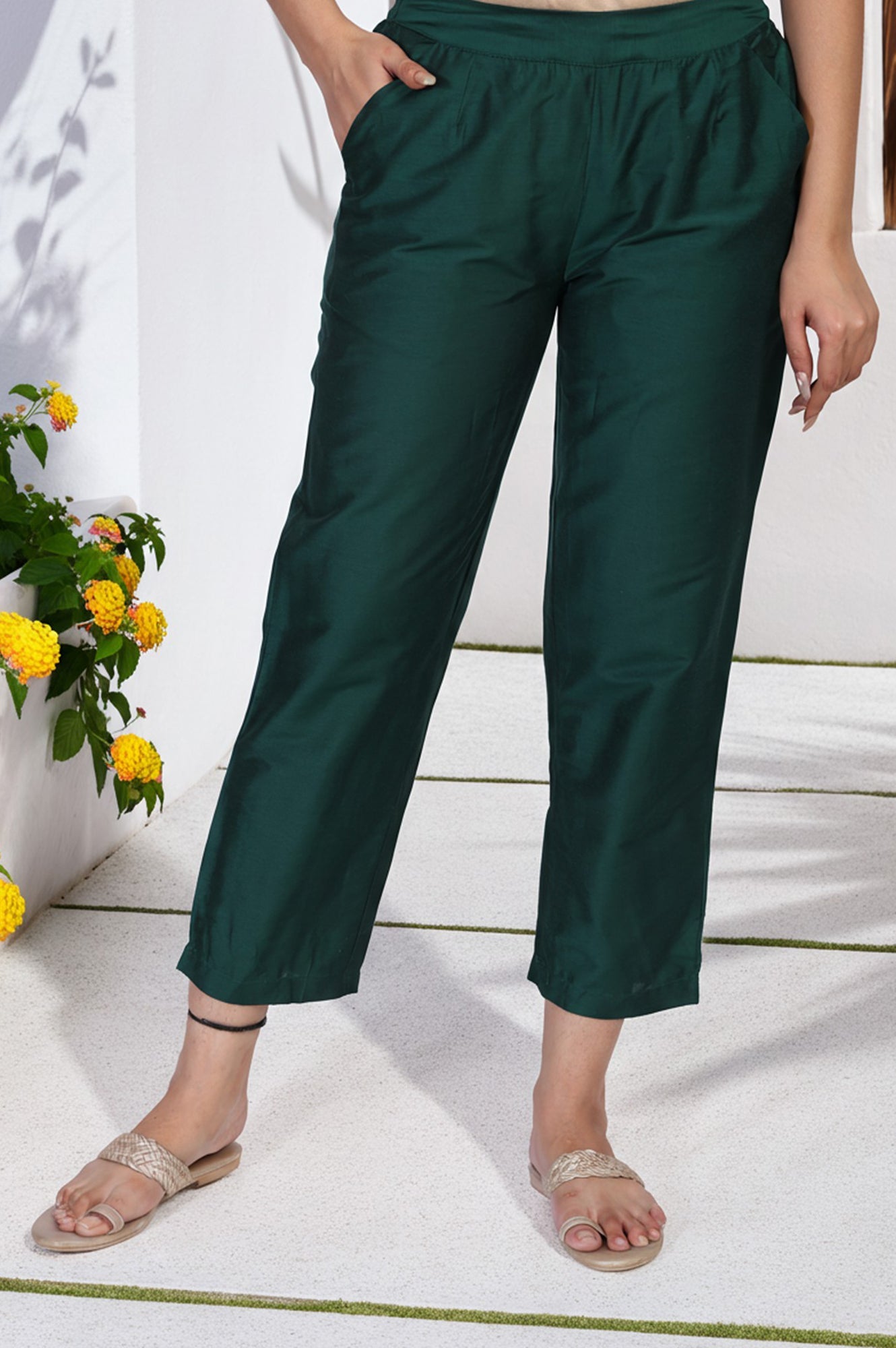 Green Cropped Rayon Straight Pant