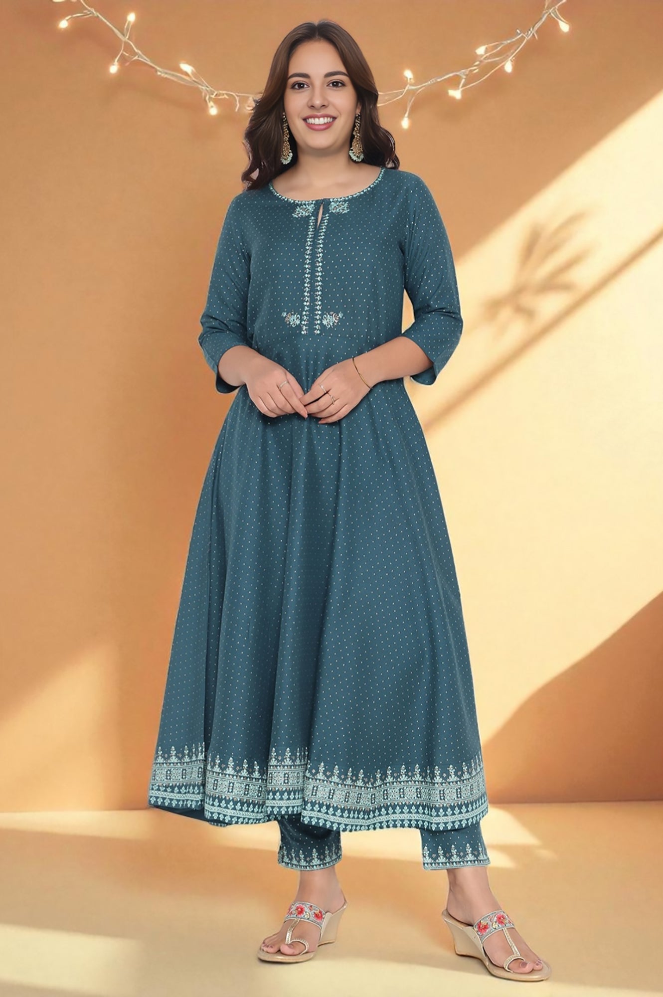 Teal Printed Rayon Kurta and Straight Pant Set