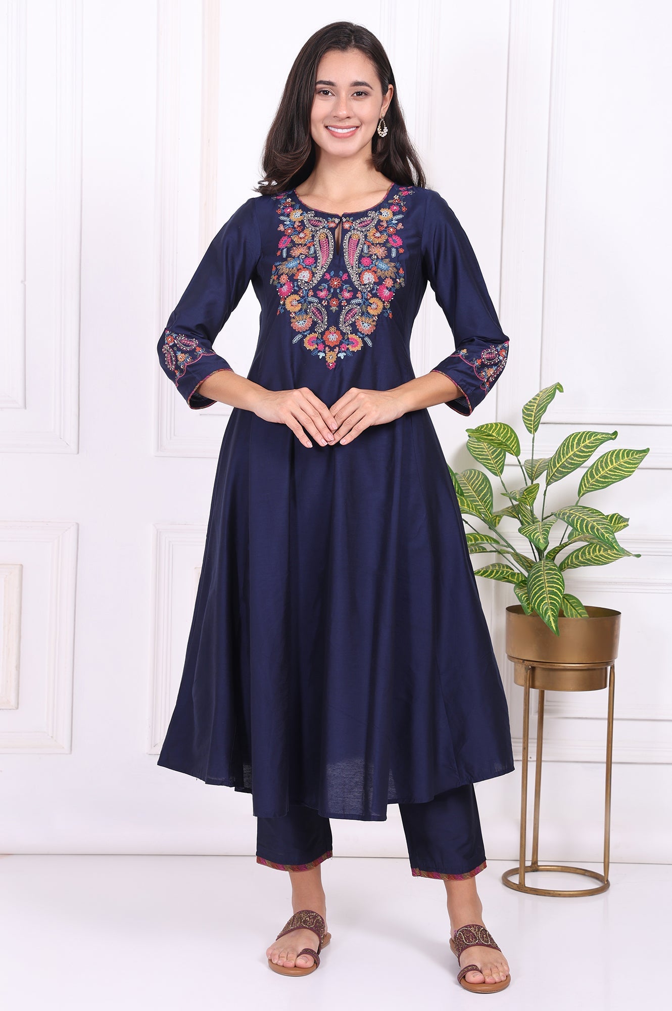 Navy Blue Embroidered Straight Kurta and Pants Co-ord Set