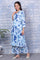 Blue Floral Printed Rayon Lace Flared Kurta, Pants and Dupatta Set