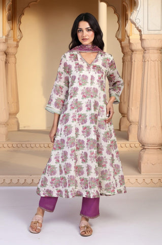 Beige Floral Print Sequined Flared Chanderi Kurta with Pant and Dupatta Set