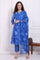 Blue Floral Printed Lace Flared Kurta, Pants and Dupatta Set