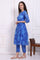 Blue Floral Printed Lace Flared Kurta, Pants and Dupatta Set