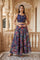 Navy Blue Floral Printed Embroidered Crop Top with Organza Jacket and Skirt Set