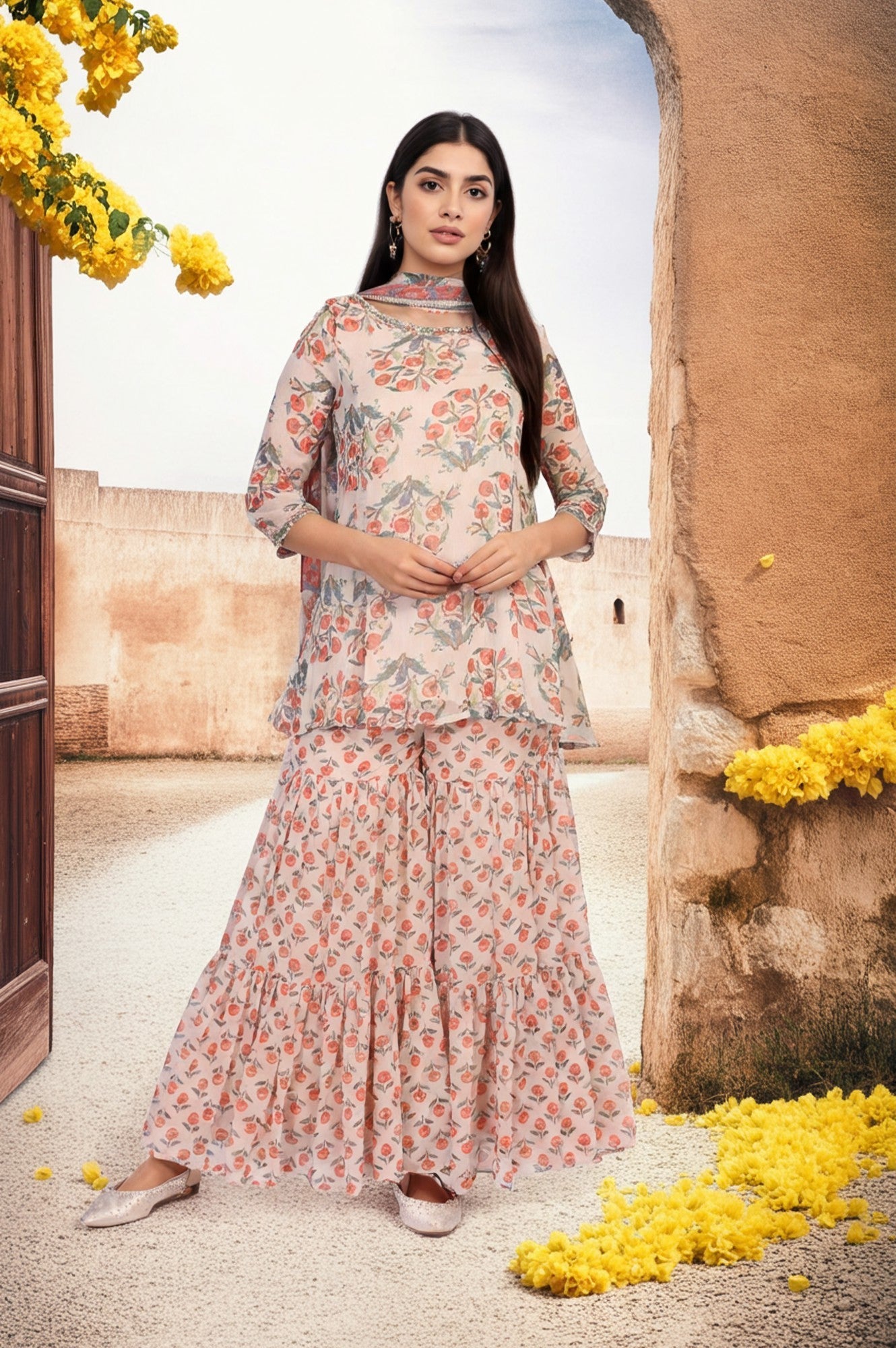 Beige Floral Embellished Peplum Chiffon Kurta with Sharara and Dupatta Set