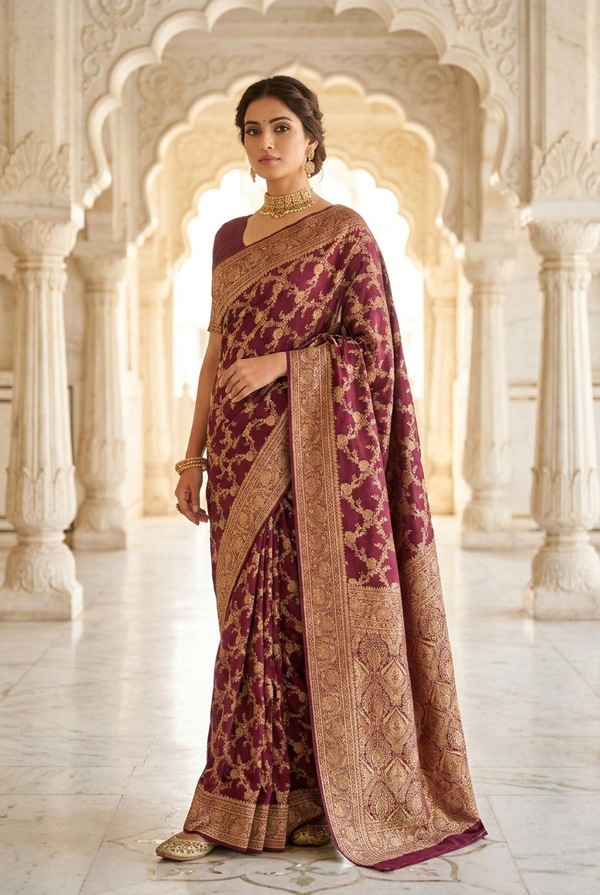 Brown Banaras Floral Pattu Saree