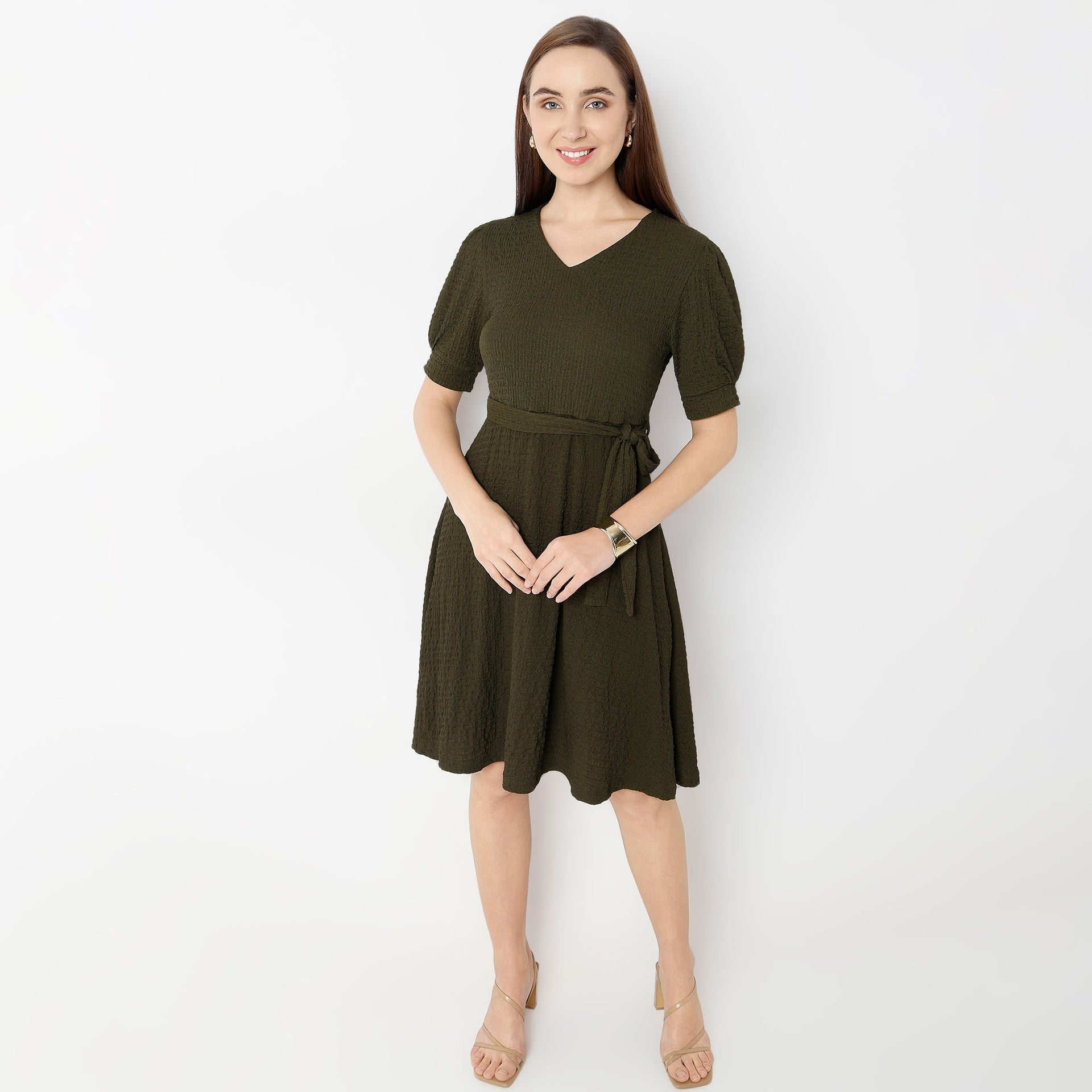Betty V-Neck Short Dress With Belt Detail At Waist