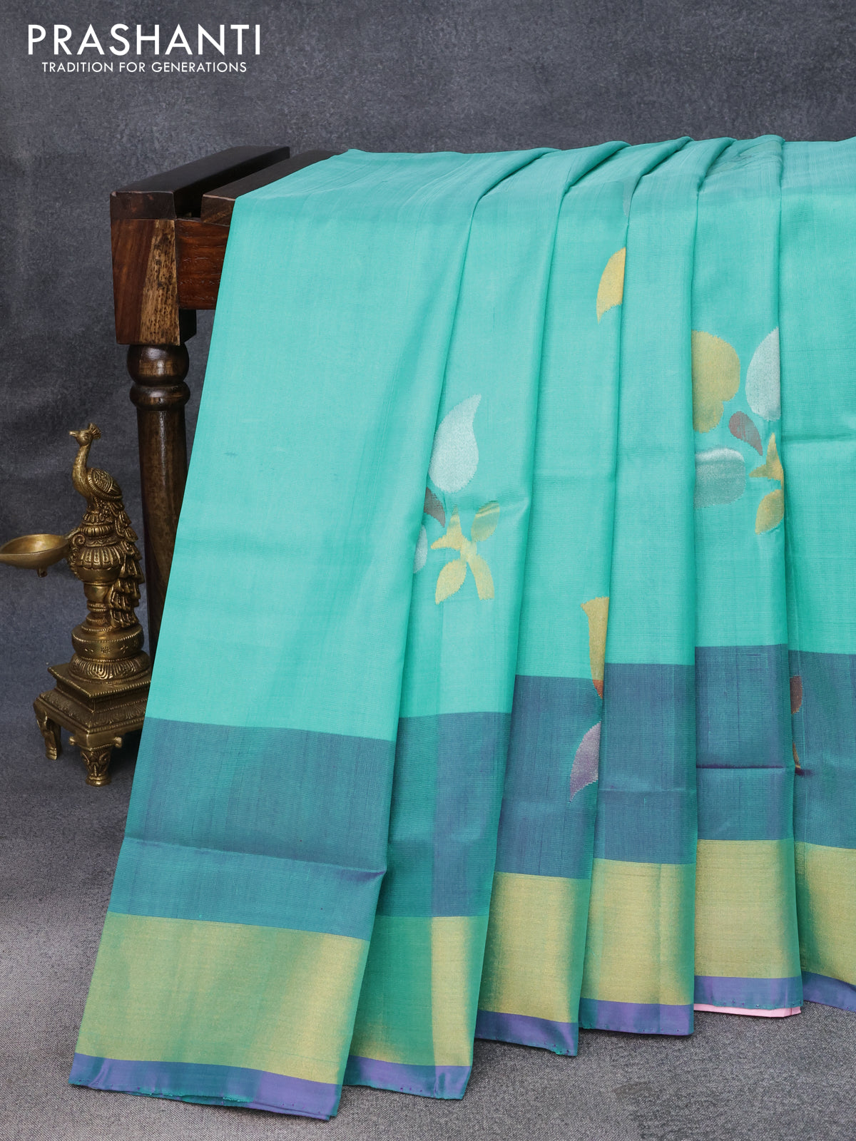 Pure uppada silk saree teal green and purple with zari woven jamdhani buttas and zari woven border