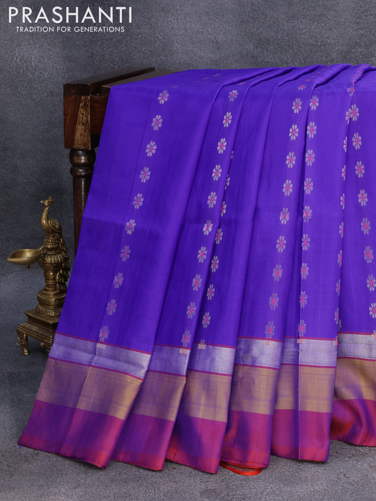 Pure uppada silk saree blue and red with silver zari woven floral buttas and silver zari woven simple border