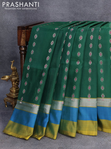 Pure uppada silk saree green and mehendi green with silver zari woven floral buttas and silver zari woven simple border