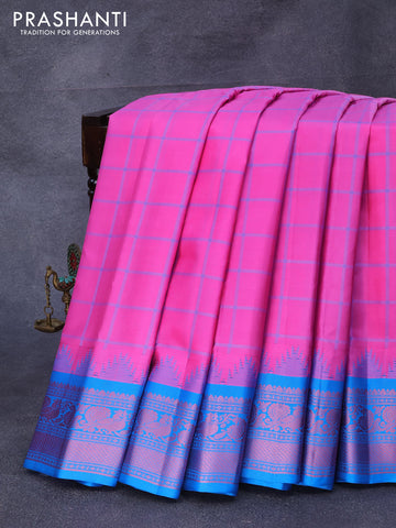 Pure gadwal silk saree light pink and cs blue with allover checked pattern and temple design thread woven border