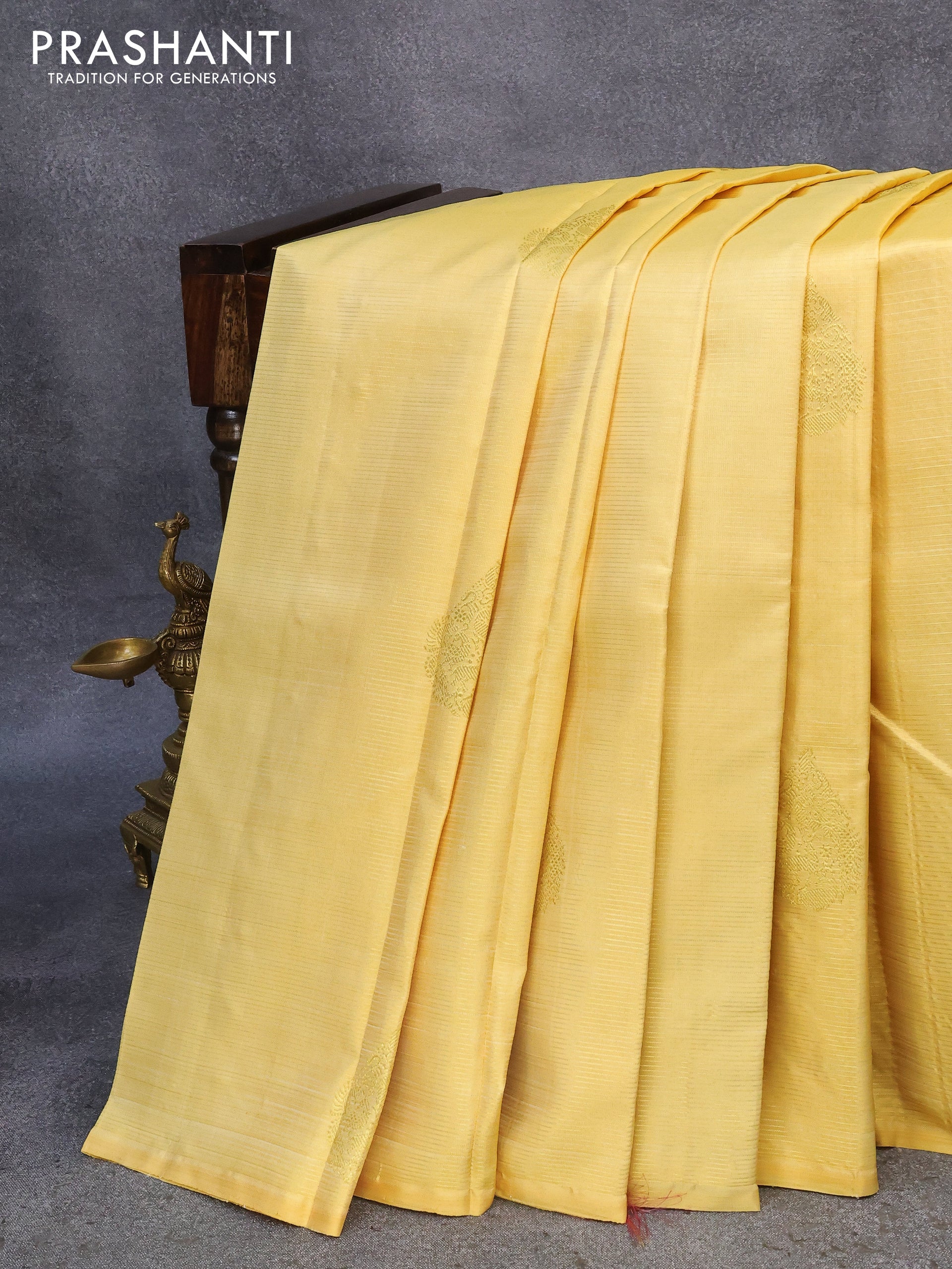 Pure kanjivaram silk saree pale yellow and maroon with allover zari weaves & buttas in borderless style