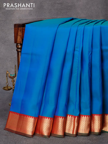 10 yards silk saree dual shade of blue and dark magenta pink with plain body and zari woven border