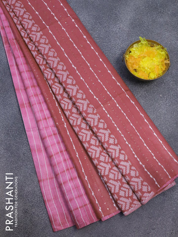 Bamboo silk saree pink and dark magenta with allover tie & dye prints & thread stripe pattern in borderless style