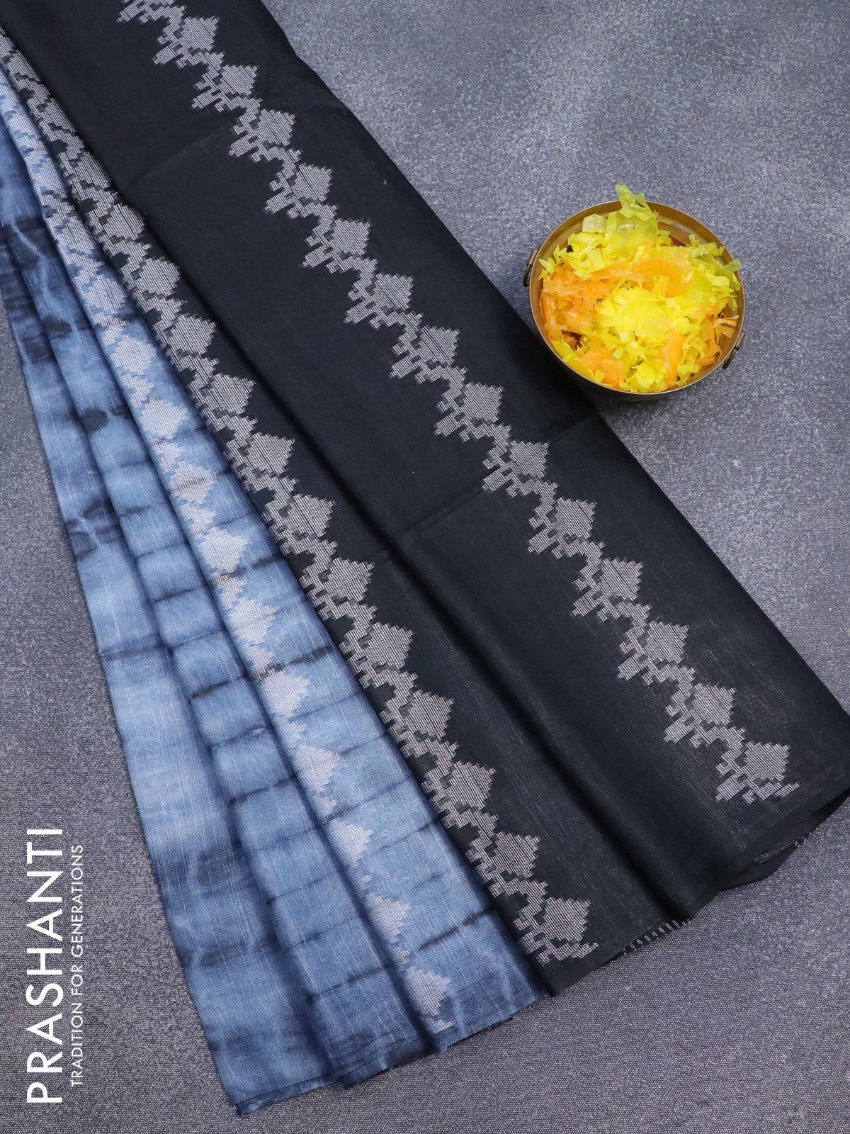 Bamboo silk saree bluish grey and black with allover tie & dye prints & thread buttas in borderless style